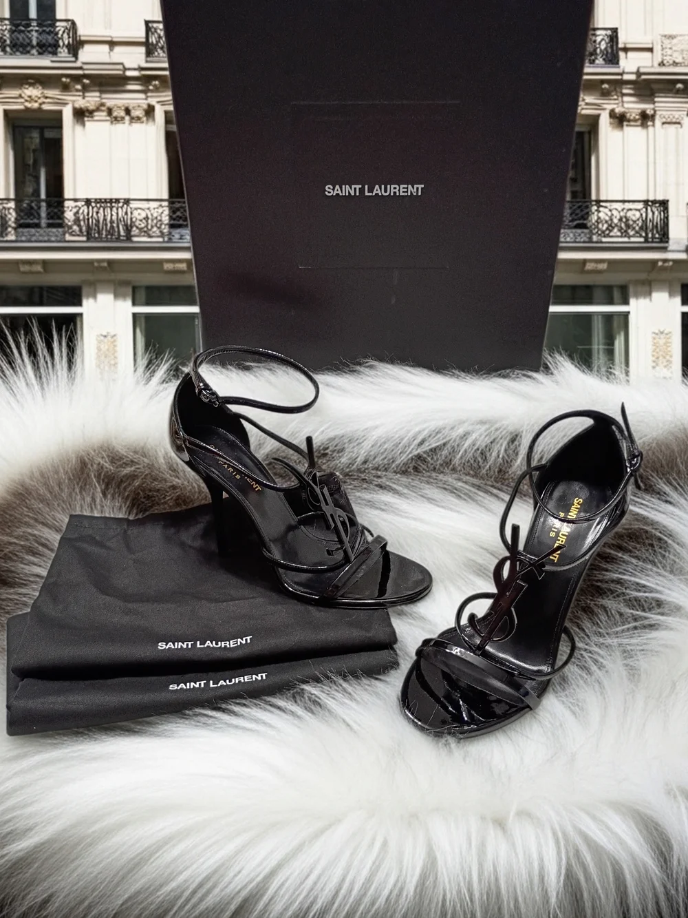 New Saint Laurent Cassandra Black Patent Leather Strappy High Heel Sandals EU 38 - Picture 2 of 16